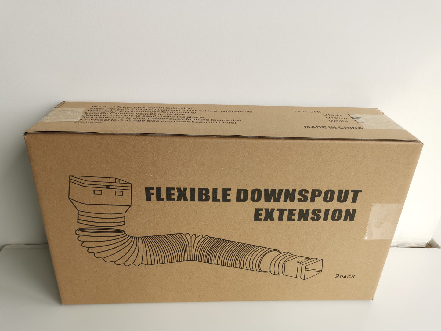 2pcs pack Flexible downspout extensions, white, brown & black.