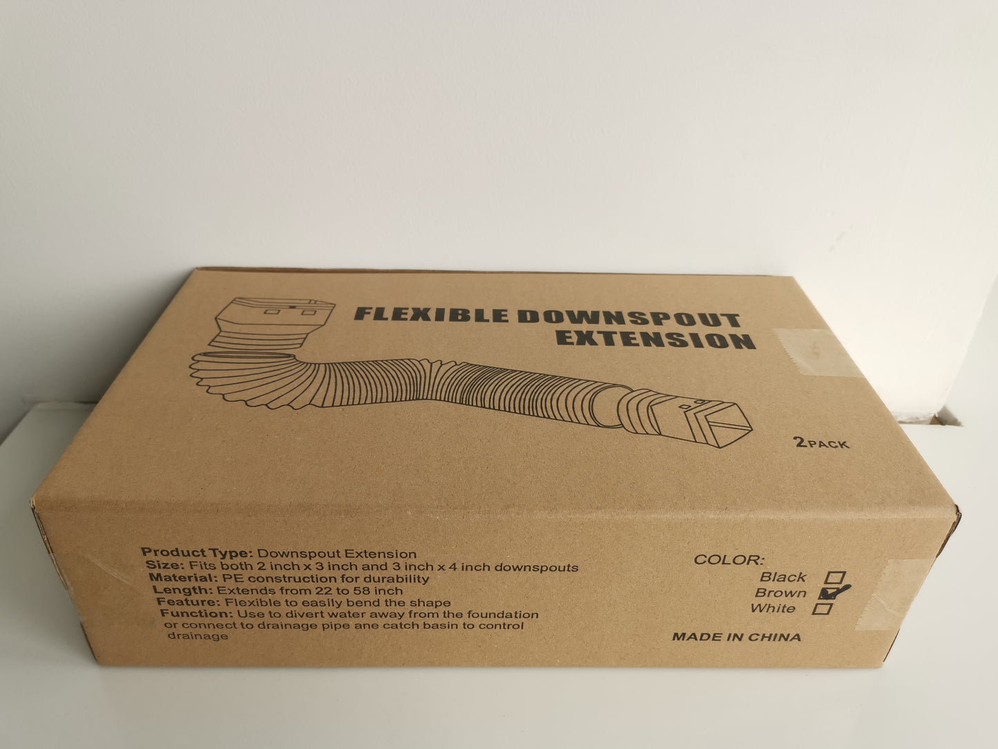 2pcs pack Flexible downspout extensions, white, brown & black.
